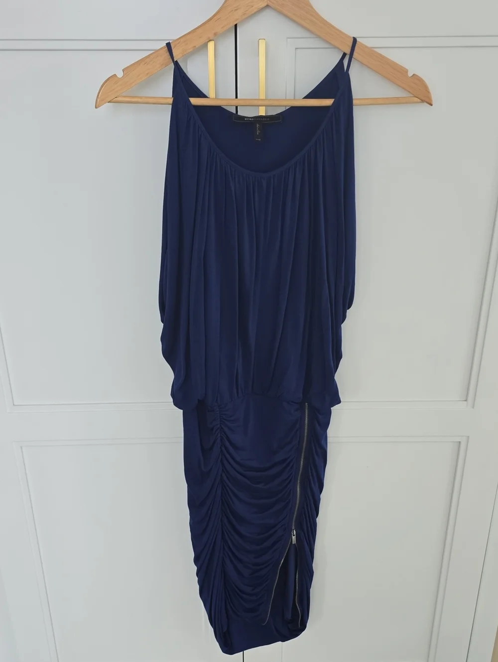 BCBGMaxAzria Navy Ruched Midi Dress with Zip Detail